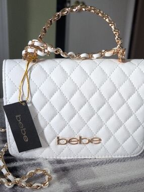 bebe White Quilted Top-Handle Crossbody Bag with Gold Chain